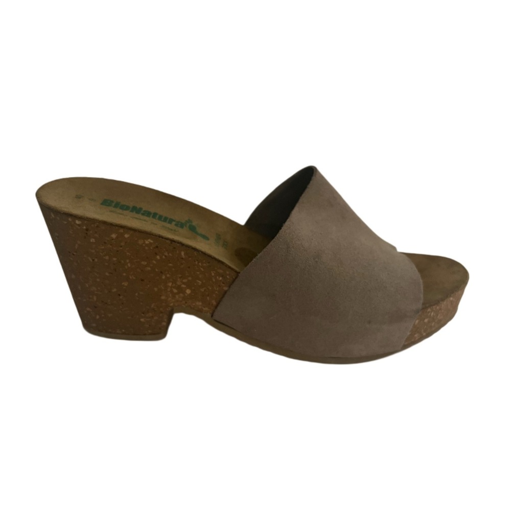 BioNatural Taupe Suede Cork Wedge Slide Sandal